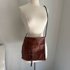 Handmade Chestnut Brown Embroidered Leather Flap Crossbody Bag